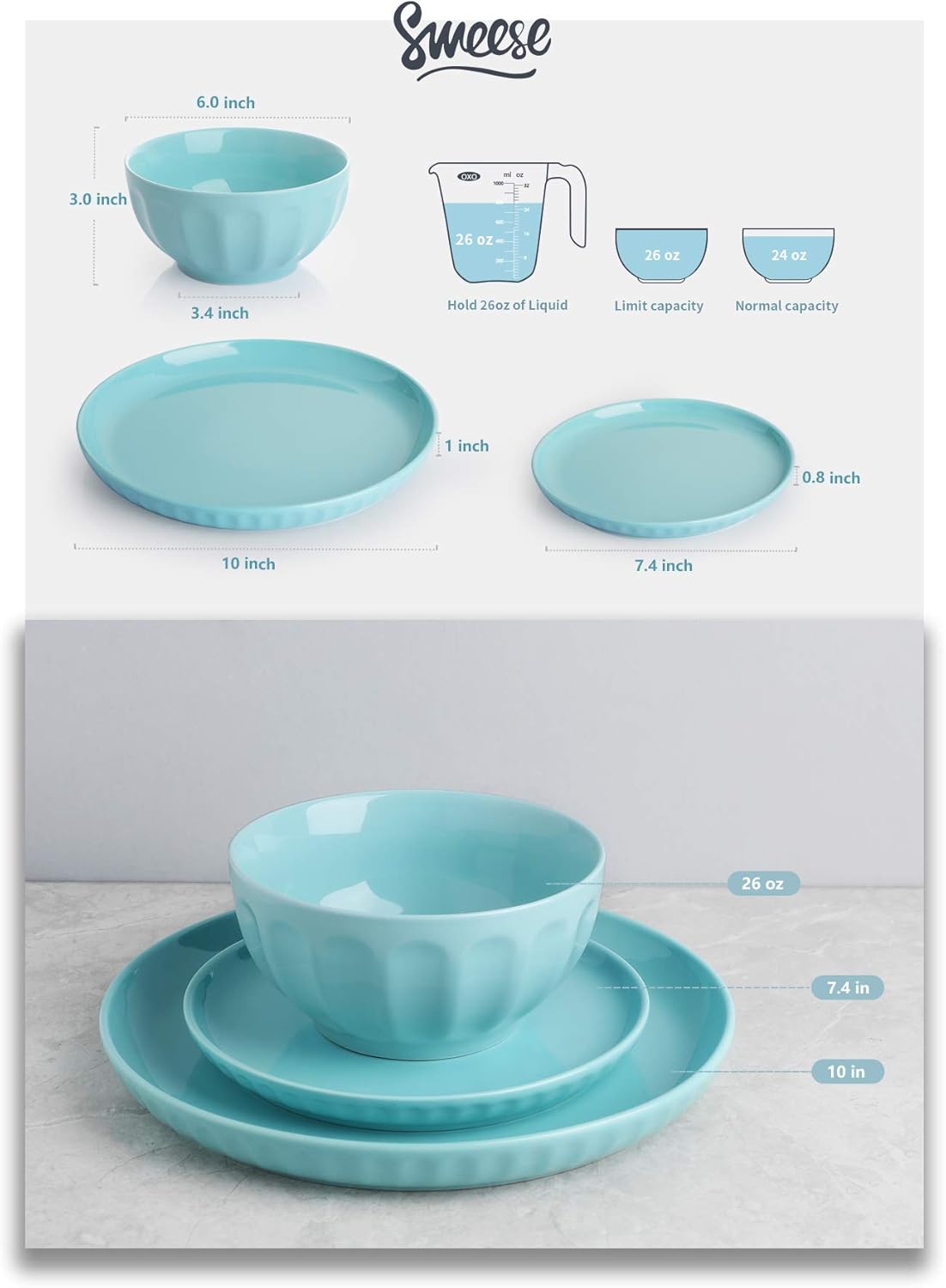  | Sweese 196.003 Porcelain Fluted Dinnerware Set, 18-Piece, Service for 6, Cool Assorted Colors: Dinnerware Sets