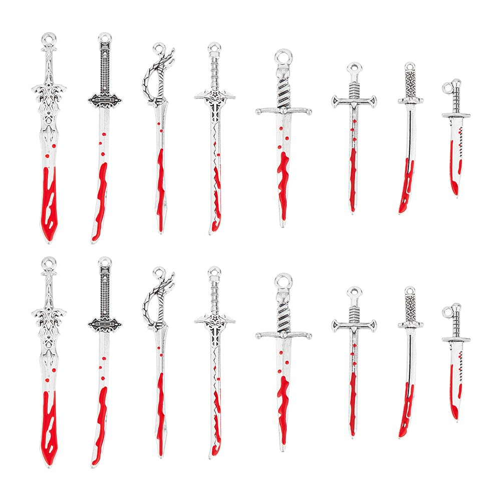 UNICRAFTALE 16Pcs 8 Styles Halloween Alloy Enamel Pendants Punk Earring Charms Anime Figures Decoration Charm for Book Lover Red Sword Charm for DIY Jewelry Making 1.5~3mm Hole