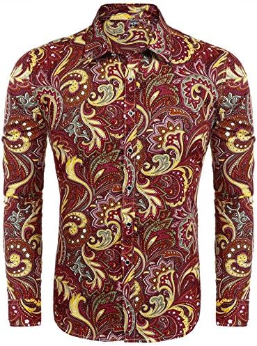 Modfine Men's Fashion Floral Print Button Down Casual Long Sleeve Hawaiian retro Flower Shirt(Red&amp;Black,Medium)