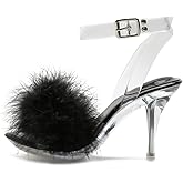 omthaka Women's Fuzzy Clear Heels Ankle StrapStilettos Heels Mules Sandals Fluffy Feather Slip On High Heeled Party Prom Dresses Shoes