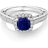Gem Stone King 6MM Cushion Gemstone Birthstone and Accent Created Sapphire Engagement Ring | 925 Sterling Silver | Wedding Anniversary Promise Ring For Women | Available In Size 5, 6, 7, 8, 9