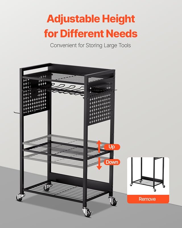 Carrello Portautensili a 4 Ripiani, Capacità di Carico 68 kg Carrello Porta Attrezzi con Ruote per Trapano e Rastrelliera di Stoccaggio Stabile, per Impieghi Gravosi per Officina, Garage, Nero
