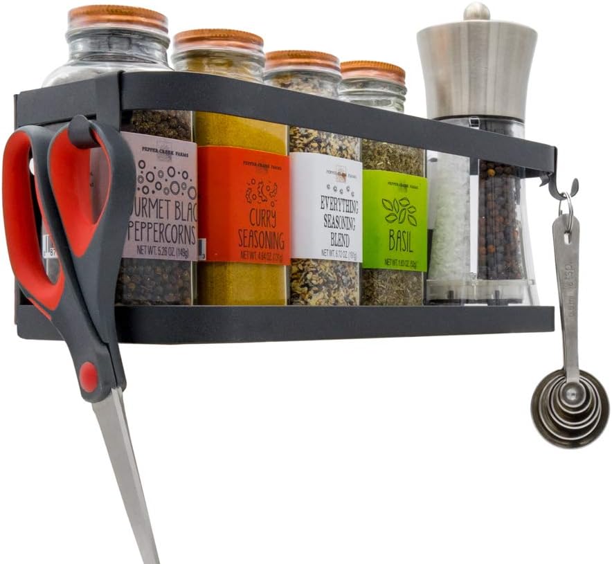 Darvish & Saints Magnetic Fridge Spice Rack Organizer [Large with 6 Utility Hooks] - 4 Tier Mounted Storage, Paper Towel Roll Holder, Kitchen Shelves, Pantry Wall, Laundry Room, Dorm, Garage [Black]: Home Improvement