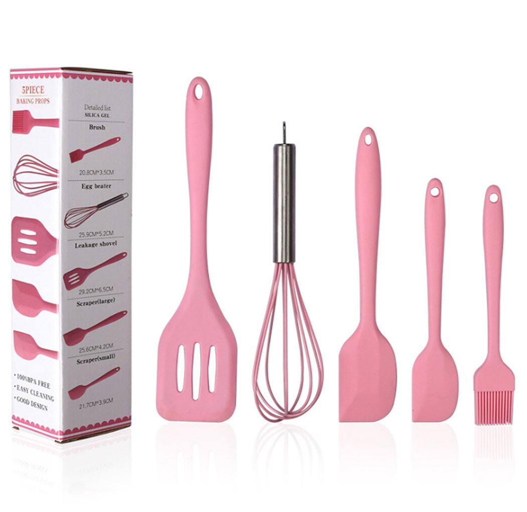 Hillento Silicone Kitchen Utensil Set Kitchenware 5PCS Silicone Kitchen Utensils Set Spatulas Brush Cooking Tools, Easy to Use & Clean, Pink