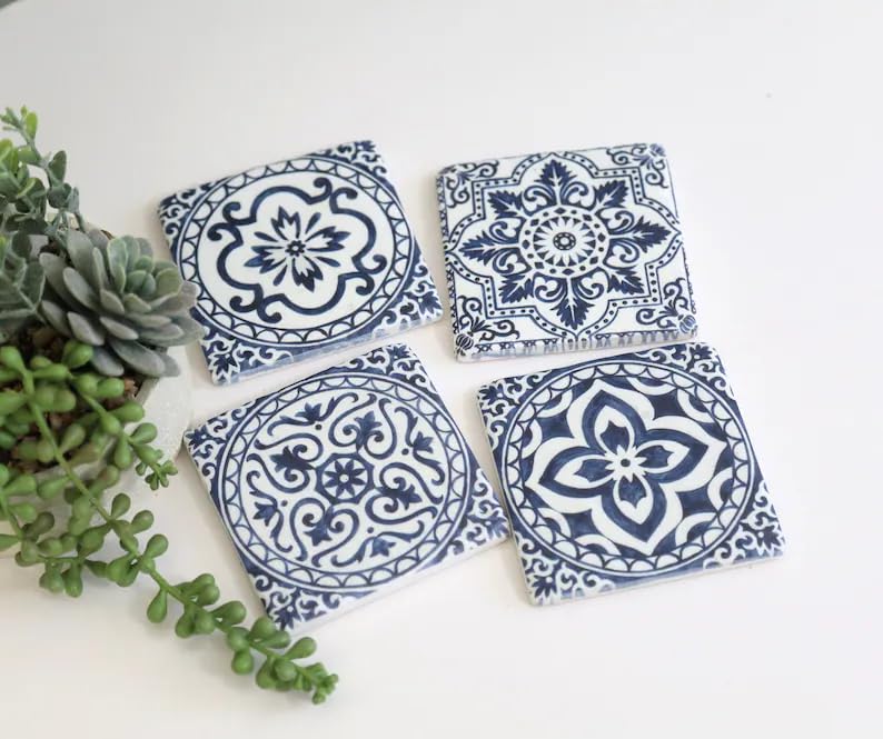 Ceramic Mediterranean Coasters Set of 4 Blue Geometric Tiles Cork Backed Decorative Cup Table Mats