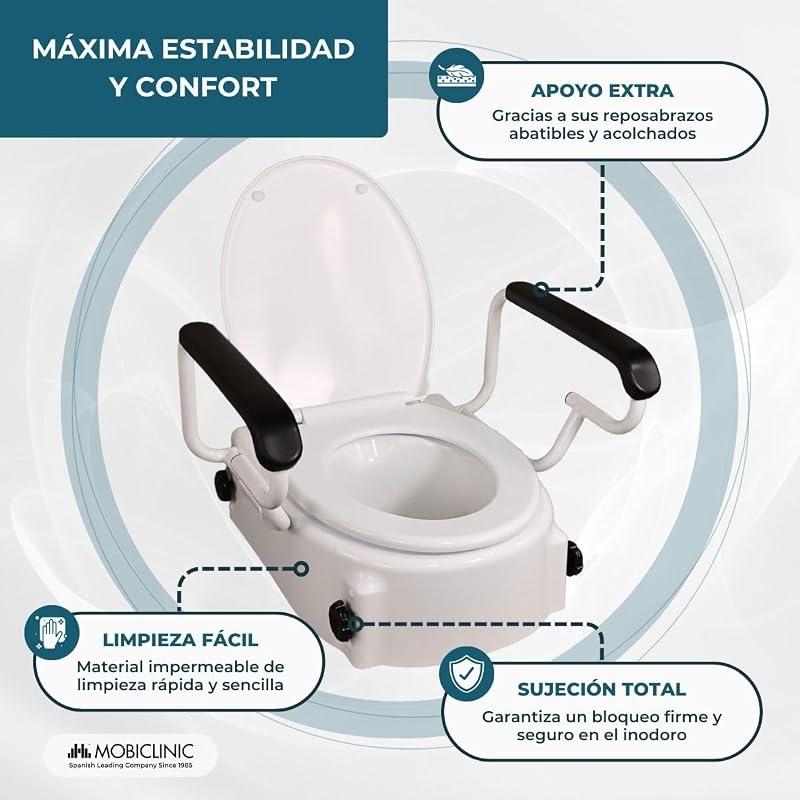 ®, Elevador wc para adultos con reposabrazos, Tajo, 19 cm, Ancianos, Tapa y abatibles, De inodoro, Regulable en 3 alturas, Inclinable, Blanco
