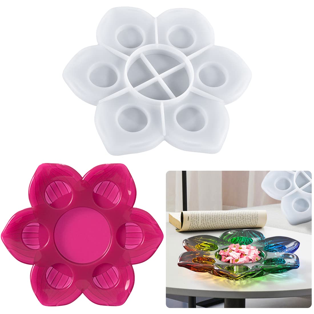 Voyyphixa Candle Holder Resin Molds Silicone Candlestick Mold Set Petal Dish Tray Silicone Molds Storage Salver Making Epoxy Resin Mold for DIY Craft Décor