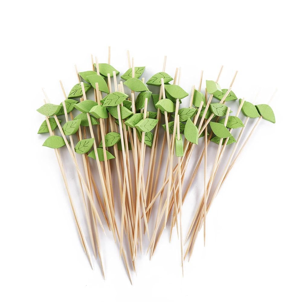 Photo 1 of 100 Pcs Green Leaf Cocktail Picks, 4.7" Bamboo Fancy Toothpicks Decorative Food Sticks for Appetizers, Fruits, Veggies, Desserts, Drinks