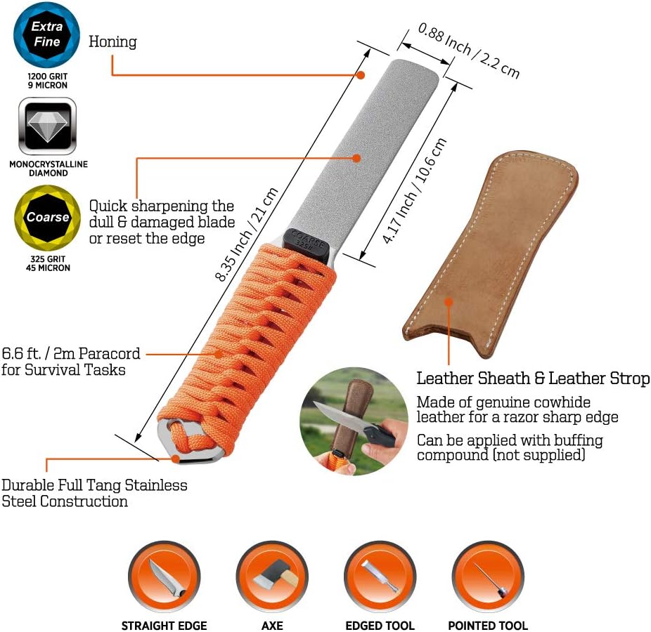 SHARPAL 181N Dual-Grit Diamond Sharpening Stone File with Leather Strop, Tool Sharpener for Sharpening Knife, Axe, Hatchet, Lawn Mower Blade, Garden Shears, Chisels, Spade, Drills and All Blade Edge - - 