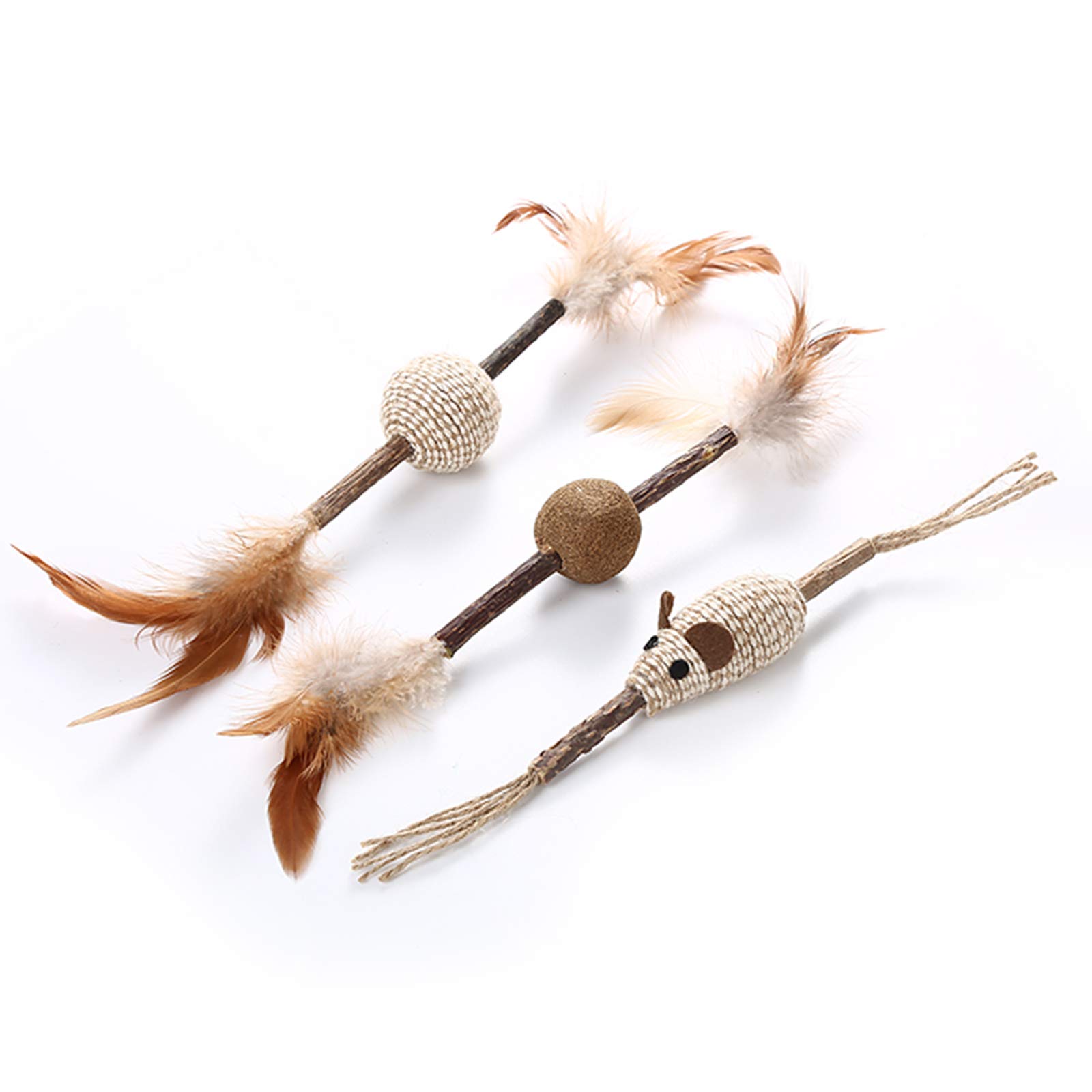 AODOKAT Cat Dental Chew Sticks,cat toys with feathers and braided twine,Natural Silvervine Sticks for Cats teeth cleaning,cat catnip sticks toys for indoor play 3pcs