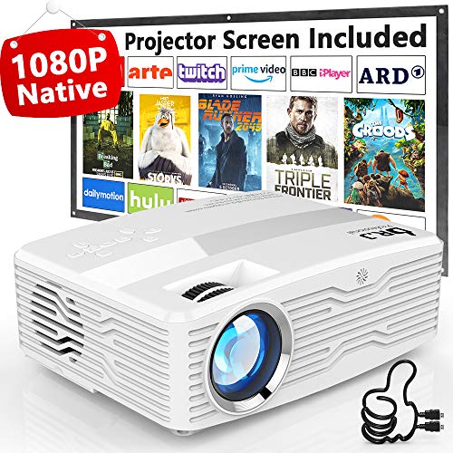 DR. J Professional Native 1080P LED Projector Full HD 6000 Lumens Projector with 300″ Display, Compatible with TV Stick, HDMI, AV, VGA, Smartphone for Christmas Decoration, [100Inch Screen Included]