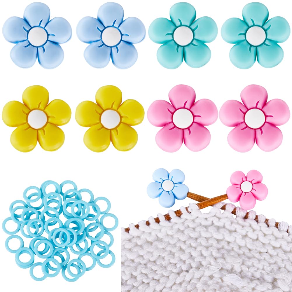 SUNNYCLUE 1 Box 58Pcs Flower Knitting Needle Stoppers Cute Knitting Stitch Protectors with Plastic Crochet Markers Silicone Daisy Knit Needle Stopper Point Protector End capss for Crocheting Quilting