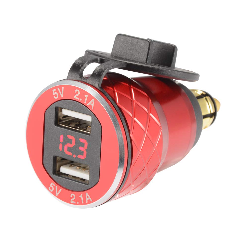 Sun3 Printer Dual USB Charger 4.2A Adapter + Voltmeter QC 3.0 Quick Charge Red Green Blue LED Voltage Indicator for Motorbike Motorcycle BMW DIN Hella Socket Red
