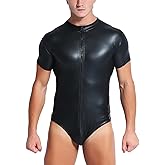 Panegy Men's Faux PU Leather Jumpsuit Shiny Leather Bodysuit Pole Dance Leotard Adult Onesie Singlet
