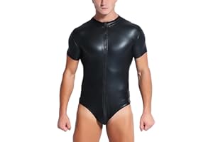 Panegy Men's Faux PU Leather Jumpsuit Shiny Leather Bodysuit Pole Dance Leotard Adult Onesie Singlet