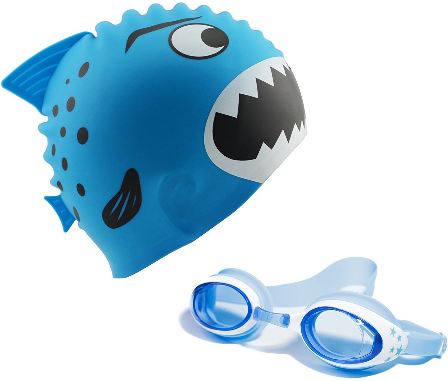 AmeiTech Kids Swim Cap,Cute Design Kids Fun Silicone Swim Caps - Swim Goggles with Nose Clip and Ear Plugs for Boys and Girls - Blue