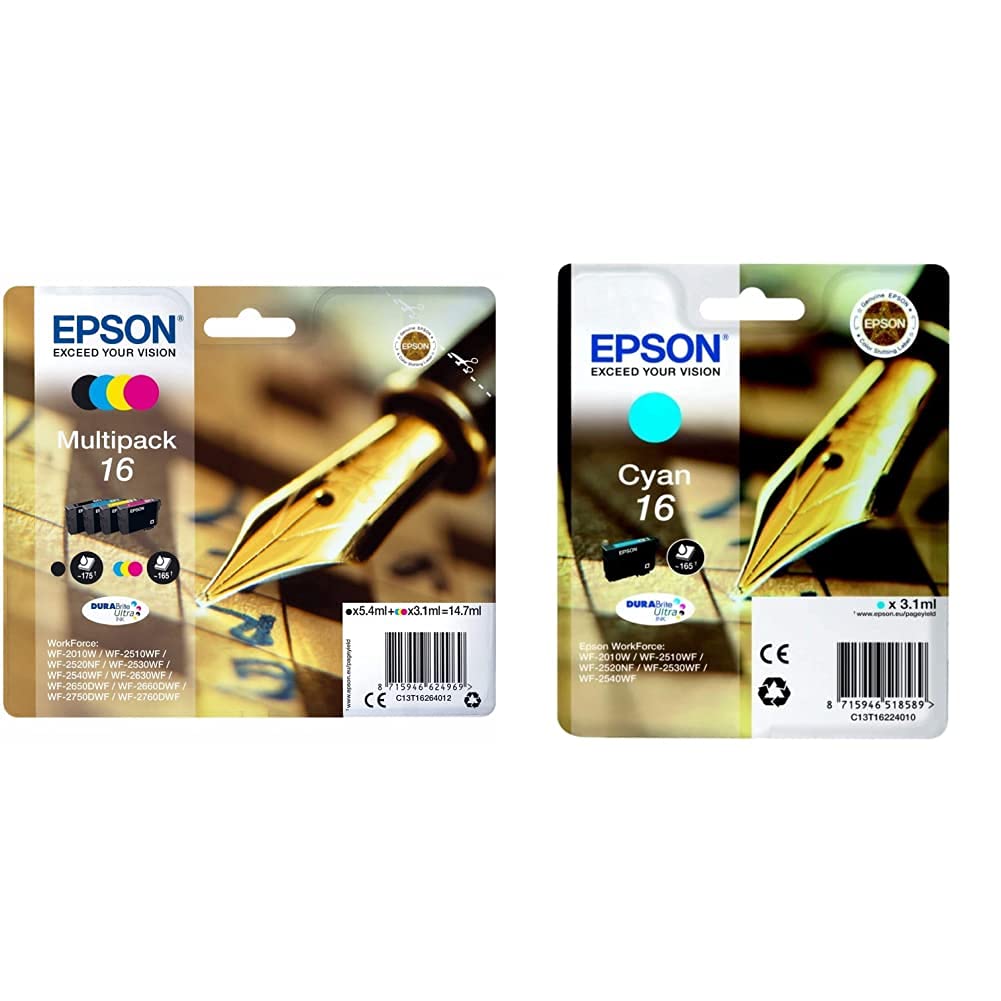 Epson C13T16264012 16 Series Ink Cartridges, Black, Cyan, Magenta, Yellow, Multipack &C13T16224012 16 Series Ink Cartridge, Cyan, Genuine
