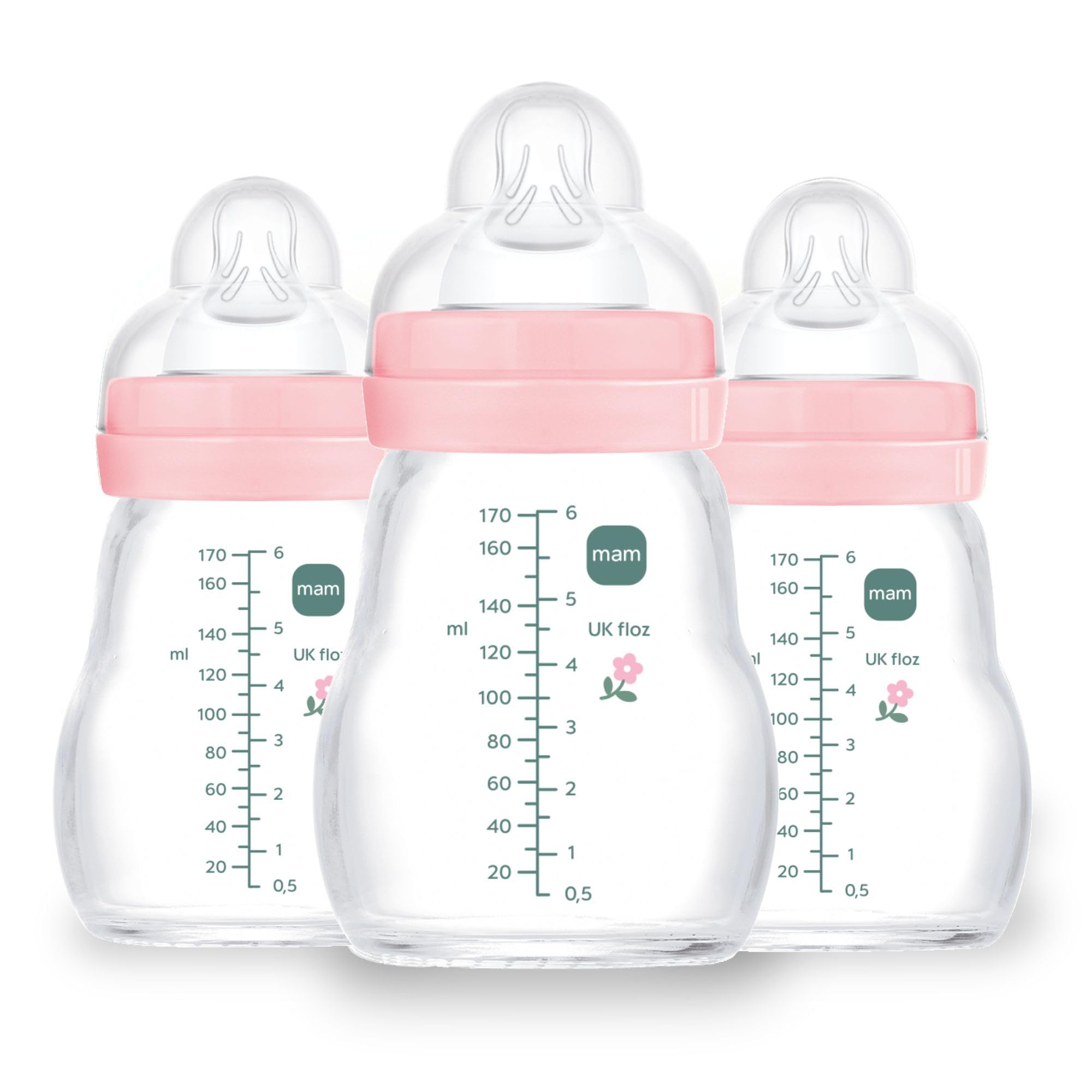 Photo 1 of MAM Premium Glass Baby Bottles, Easy Switch Between Breast and Bottle, Feel Good Slow Flow, Newborn Essentials Must Have, 0+ Months, BPA Free, 6oz, Girl, 3 Pack
