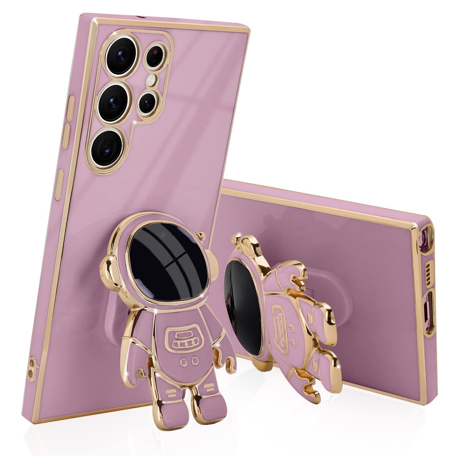 Pepmune for Samsung Galaxy S22 Ultra 5G Case, Cute 3D Astronaut Stand Rectangle Silicone Plating Full Lens Camera Protection Shockproof Soft Back Bumper Cover Phone Case for Samsung S22 Ultra, Purple