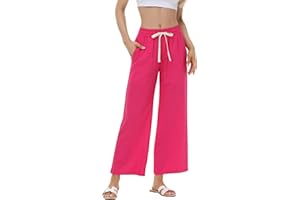 MCEDAR Linen Blend Pants for Women High Waisted Wide Leg Striped Drawstring Beach Pants with Pockets