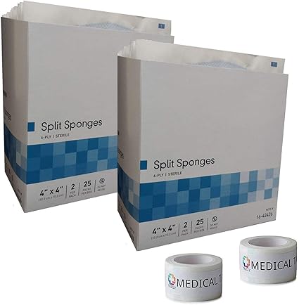 Amazon Com Sterile 4 X4 6 Ply Split Drain Sponge 2 Packs Of 25 Packs Of 2 2 Rolls Of Vakly Medical Tape 2 Health Personal Care