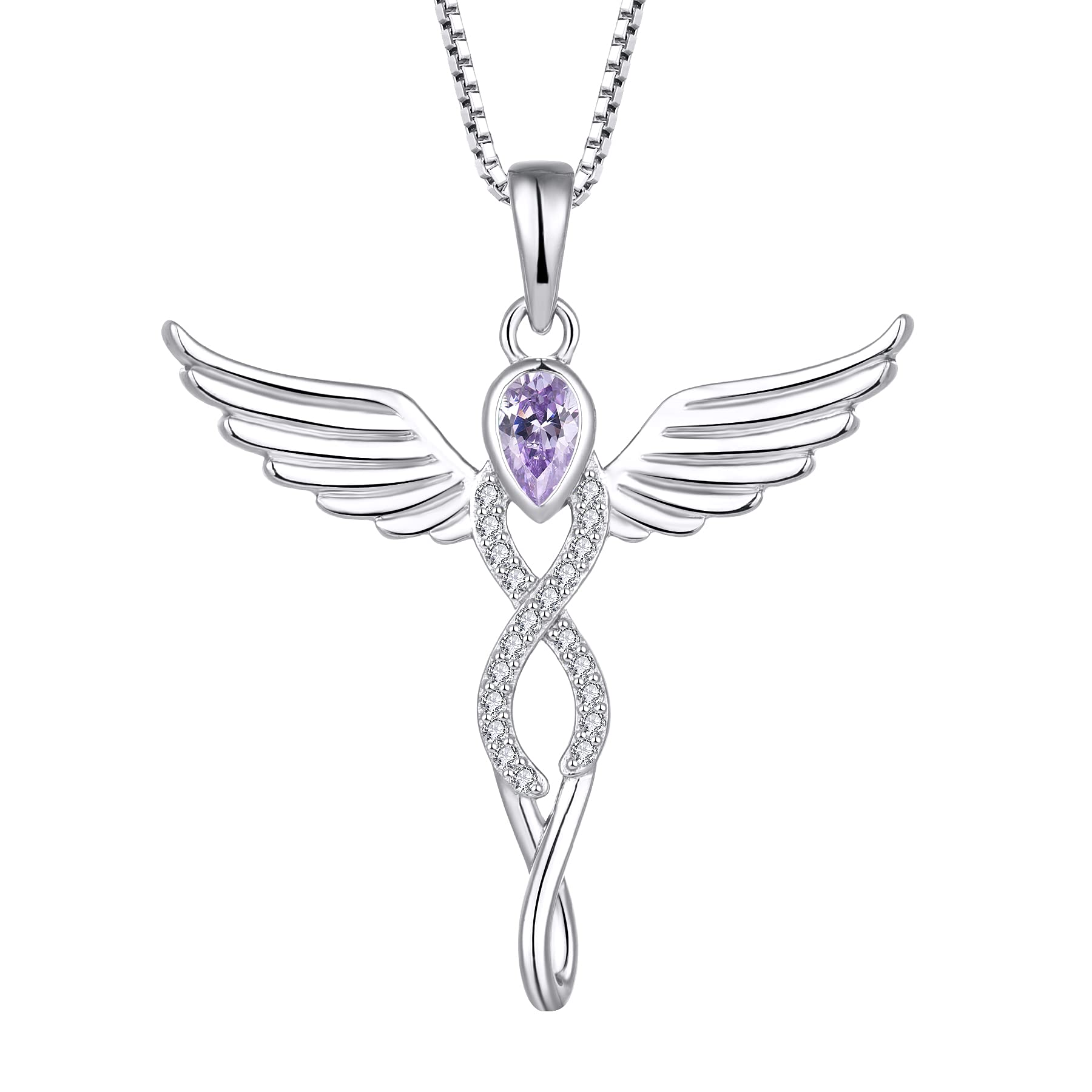 FJ Guardian Angel Necklace 925 Sterling Silver Infinity Angel Wings Pendant Alexandrite Necklace June Birthstone Jewellery for Women