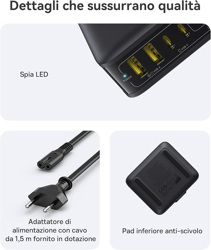 Caricatore USB C 120W, Stazione di Ricarica a 6 porte, Caricatore Rapido Compatibile con iPhone 17/16/15 Serie, MacBook Air, Galaxy, iPad, und mehr