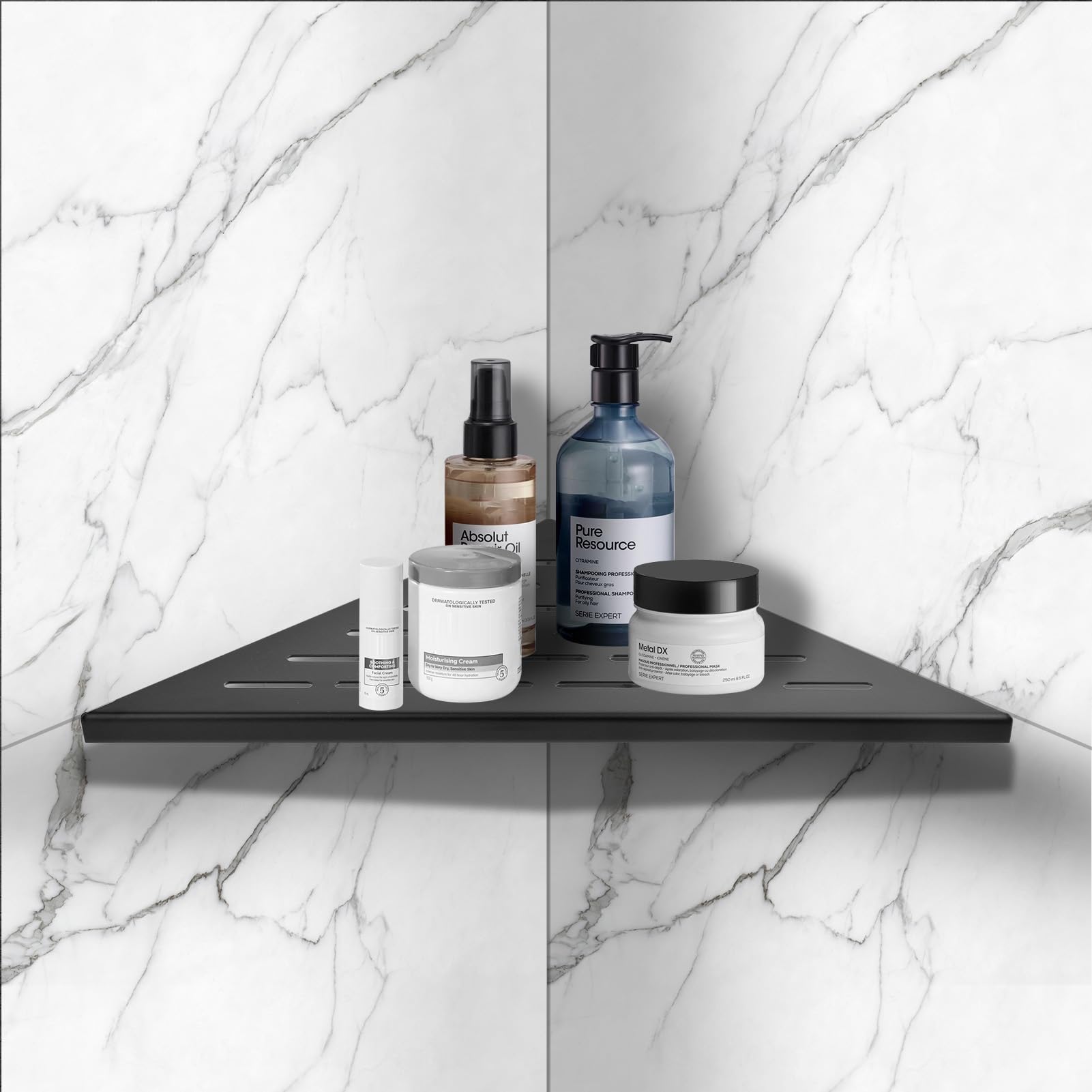 iYueMps Shower Corner Shelf Stainless Steel Corner Shower Caddy Bathroom Corner Shelves Storage Wall Mounted Tiles Recessed for Bathroom, Kitchen,Toilet (Black-1Pcs)