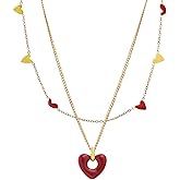 Sonateomber Valentine Gold Heart Layered Pendant Necklace for Women, Cute Red Hearts Charms Necklaces Prom Daily Fashion Accessories Jewelry Gift