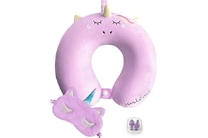 urnexttour Neck Travel Pillow for Kids, Unicorn Airplane Memory Foam Pillow with Cute Sleep Mask & Earplugs, Lightweight Travelling Sleeping Pillow Set for Car, Train, Bus and Home Use (Purple)