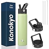 Konokyo Insulated Water Bottle 24oz Stainless Steel Sport Bottles with 3 Lids,Macaron Green