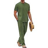 COOFANDY Mens 2 Pieces Cotton Linen Sets Short Sleeve Casual Henley Shirt Summer Beach Pants Lounge Vacation Outfits Set