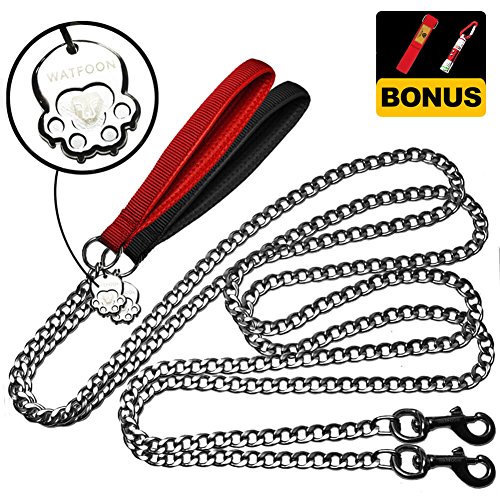 WATFOON 6ft 13mm Giant Chain Leash for Heavy Duty Dogs with Comfy Padded Handle (6.0FT) with 2 FREE Gifts: LED Dog Safelight & Dog Safe Walking Wristband (Black Handle)