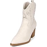 Hamesk Women Ankle Cowboy Boots Western Cowgirl Boots Pointed Toe Booties Chunky Heel Embroidered Upper Zipper Pull on Ladies Short Boot White 9