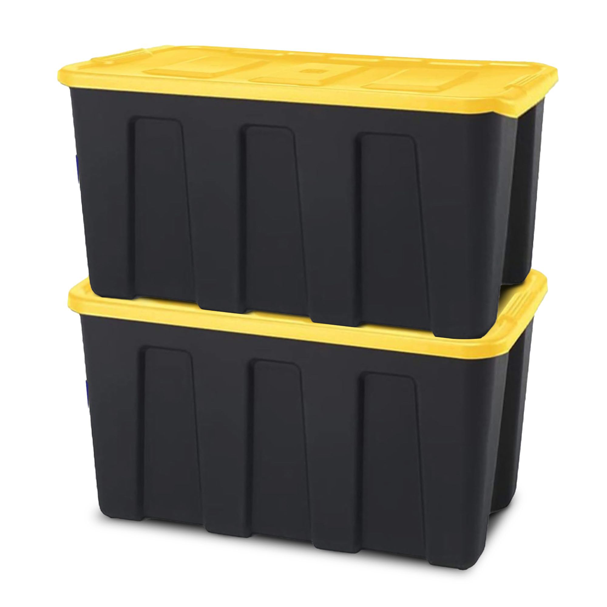 HOMZ 2-Pack Durabilt Tote, Heavy Duty Plastic Storage Bins with Lids, 34 Gallon, Black/Yellow - Stackable Organizing Containers for Home, Garage, and Office