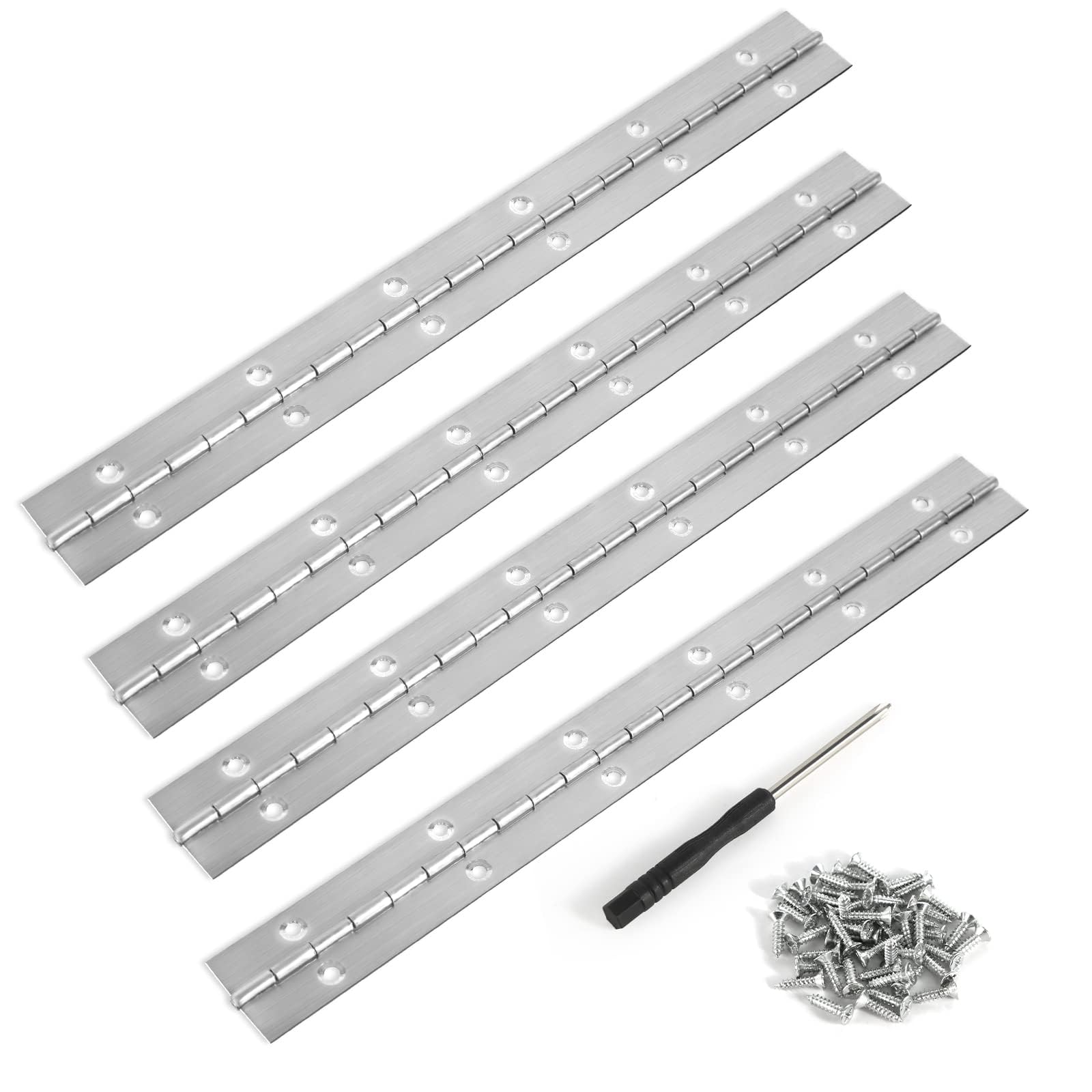 Piano Hinge 12 Inch, 4Pcs Continuous Stainless Steel Hinge with 48 Screws, Silver Heavy Duty Polished Piano Hinges with Holes Piano Hinges for Pianos Cabinet Doors Large Windows Boats