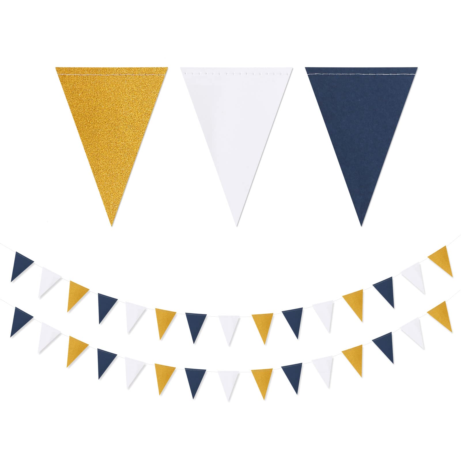 Navy-Blue White-Gold Party Decorations Banner - 2 Pack Men Birthday Graduation 2024 Glitter Sprinkles Paper Pennant Triangle Flags, Fathers Day Wedding Baby Bridal Shower Bunting Lasting Surprise