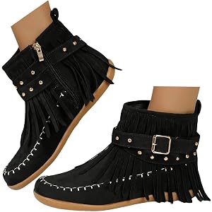 QXNNSYLLIX Women's Fringe Suede Ankle Boots,Wide Width Round Toe Low Heel Zipper Tassel Western Moccasin Booties Winter Warm