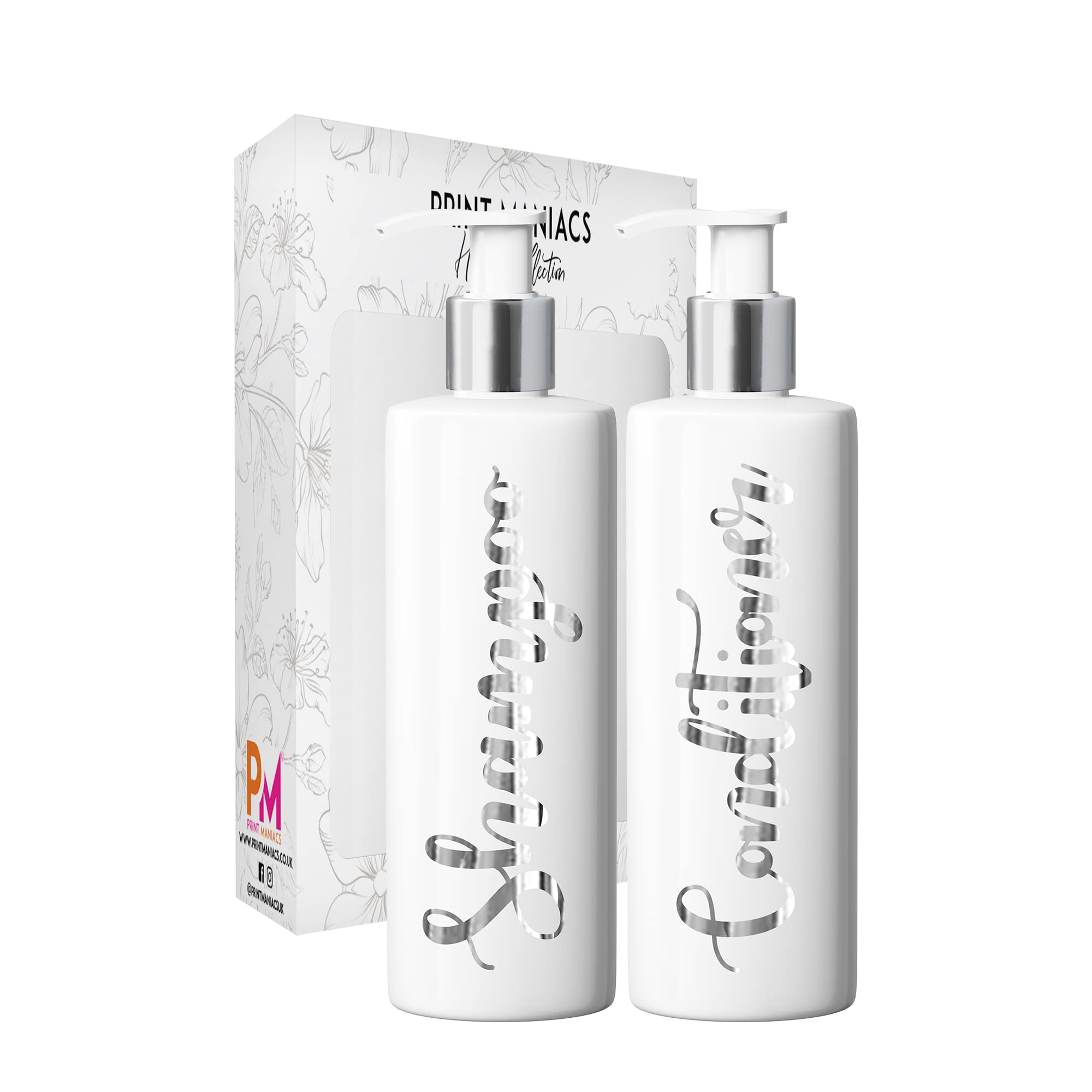 Print Maniacs 2 Set Mrs Hinch Inspired White Personalised Dispenser Pump Bottles Shampoo Conditioner (Silver)
