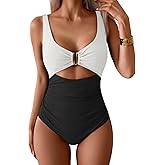 Eomenie Women's One Piece Swimsuit Tummy Control Ruched Bathing Suit Cutout V Neck Swimwear High Cut Tie Back Swim Suit