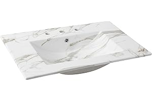 JONATHAN Y SNK1002C Ancillary 3-Hole 30 in. W x 18.25 in. D Classic Contemporary Rectangular Ceramic Single Sink Basin Vanity Top, White Marble Effect