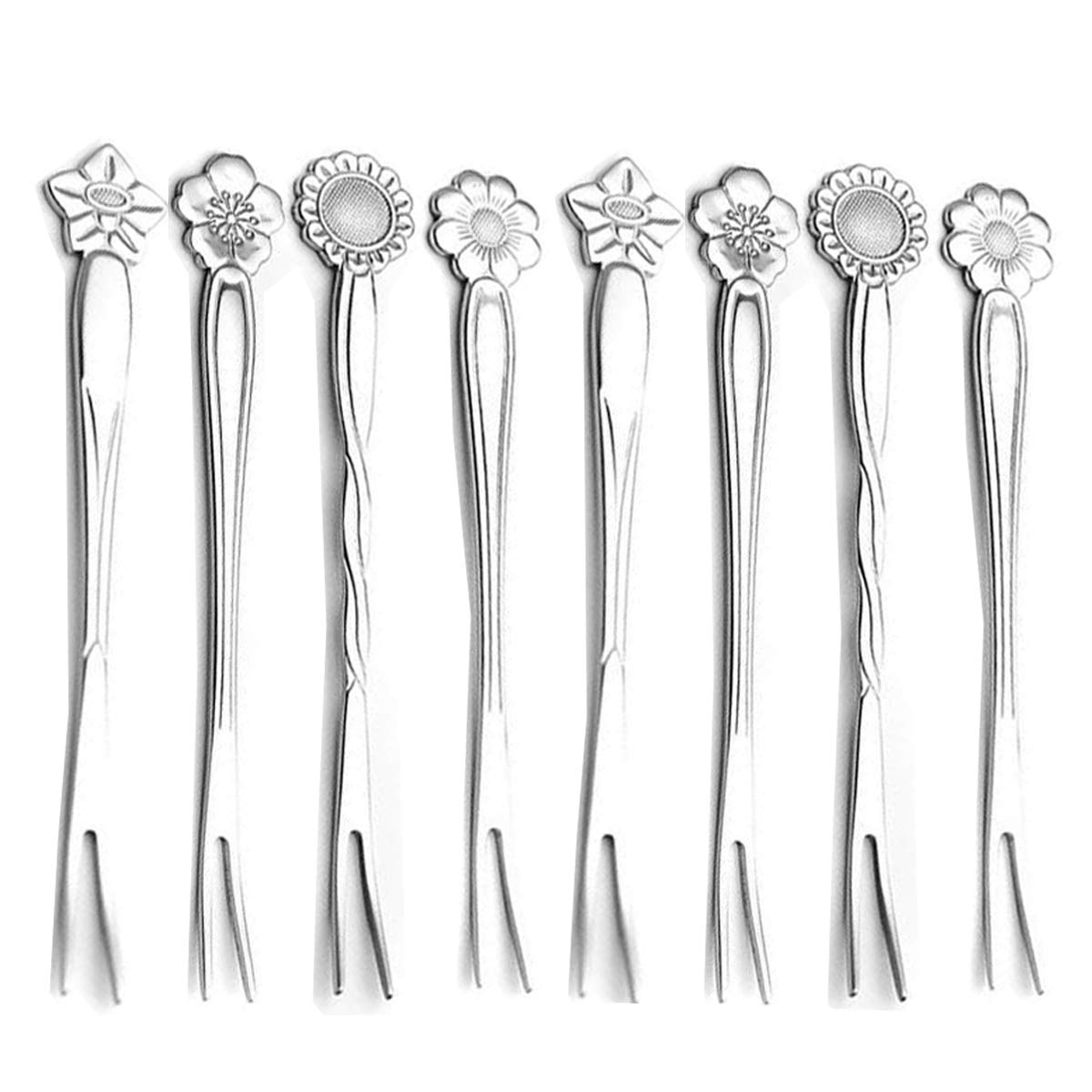 8Pcs 4.9 Inch Flower Stainless Steel Friut Forks Small Pickle Forks Dessert Cake Forks Salad Bistro Cocktail Fork Two Prong Dinner Appetizer Fork for Banquet Party Seafood Cocktail (Silver)