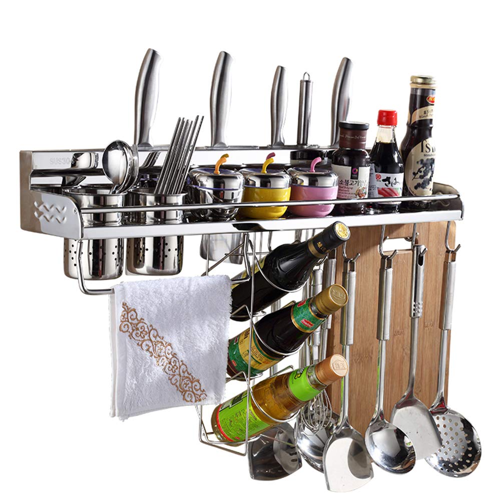 Kitchen Wall Shelf Wall Mounted Pot Pan Rack, LAMPTOP 7-in-1 Kitchen Bookshelf Storage Rack Hanging Pot Rack Organizers Wall Mounted with Bottle Rack & 10 Hooks, Hanging Pot Rack