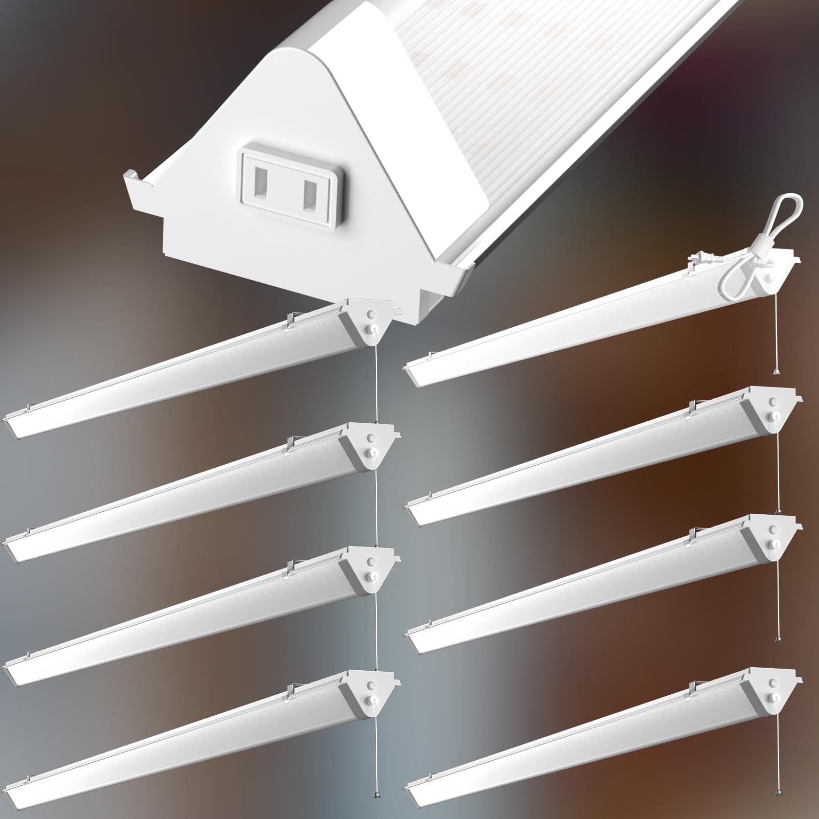 Photo 1 of **TWO ONLY**Upgraded 8 Pack 4FT Linkable Heavy-Duty LED Shop Light with Pull Chain, 50W 7500LM 100-277V 5000K Shop Lights LED 4ft Plug in for Workshop Garage, Hanging & Flush Mount-White