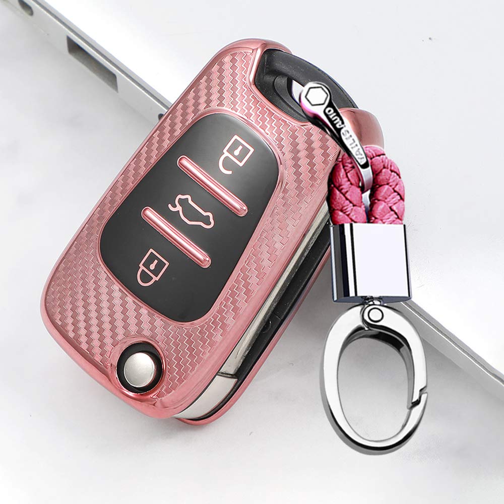 ontto TPU Silicone Car Key Fob Cover Keyring for Kia Ceed Sportage Sorento Rio Hyundai I10 I20 I30 IX35 Veloster accessories Flip Folding Key Case Remote key Shell key Holder Protector Pink