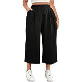 Verdusa Women's Plus Size Textured Baggy Gaucho Pants Elegant Capris Wide Leg Trousers with Pockets