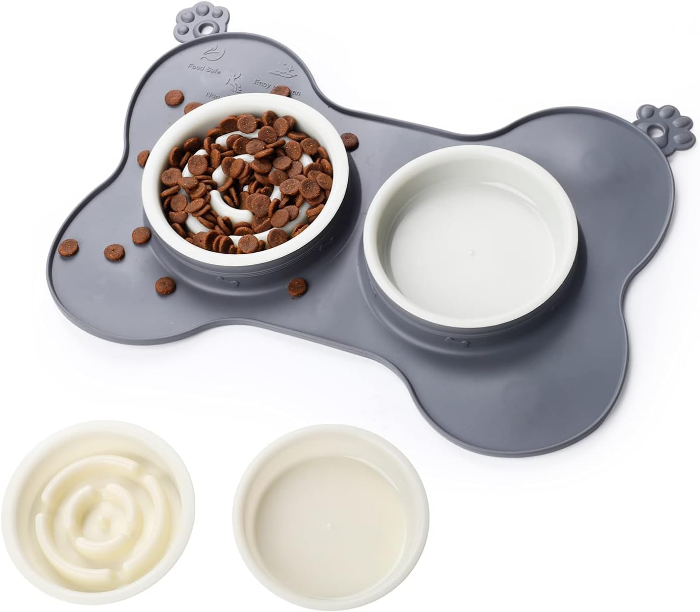 HOISTAC pet Dog Double Bowls with mat ,Slow Feeder Dog Bowls,Water and Food Feeder Bowls for Medium Sized Dog,cat,2 Dog Bowls  No Spill Non-Skid Silicone Mat ,Gray.