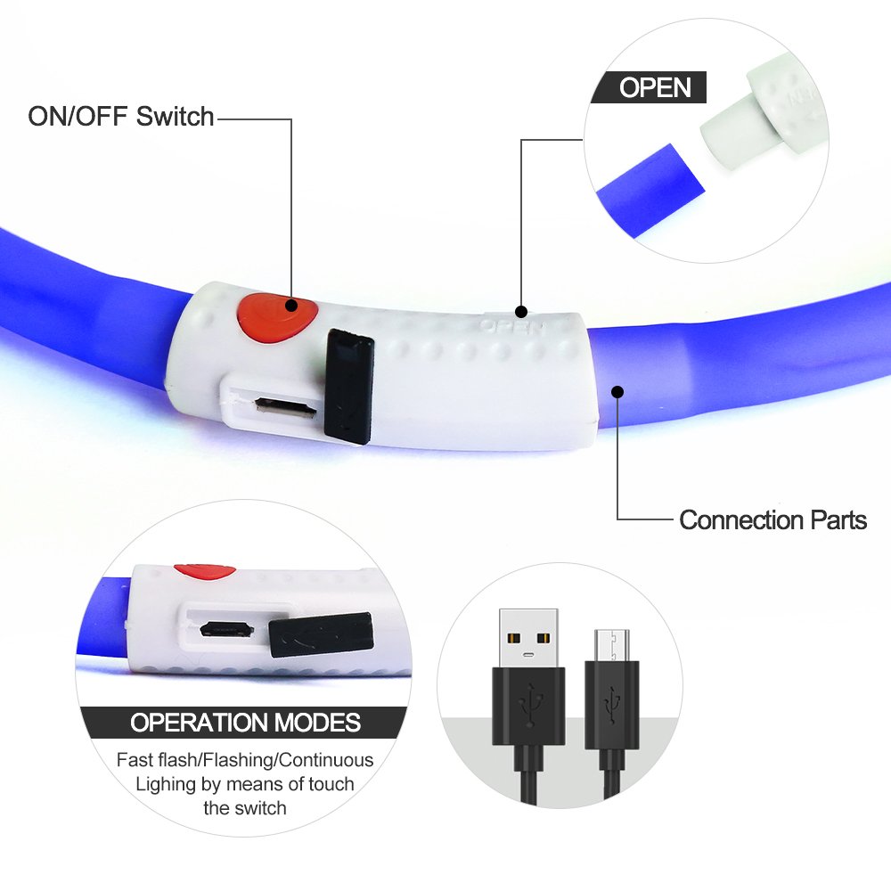 Clan_X LED Dog Collar, USB Rechargeable Silicone Glowing Pet Collar for Dogs, Light Up Doggy Collars Keep Your Dogs Be Seen& Be Safe (Blue-Silicone)