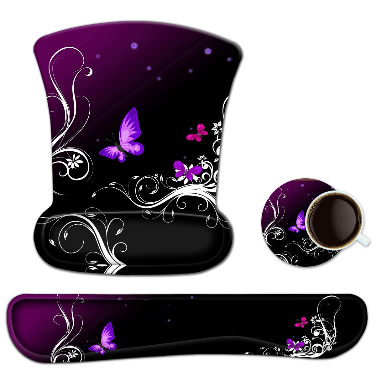 Keyboard Wrist Rest Pad Ergonomic Mouse Pad Set, ToLuLu Mouse Pad for Computer Laptop, Non Slip Mousepad Keyboard Wrist Support with Raised Memory Foam for Easy Typing Pain Relief, Purple Butterfly