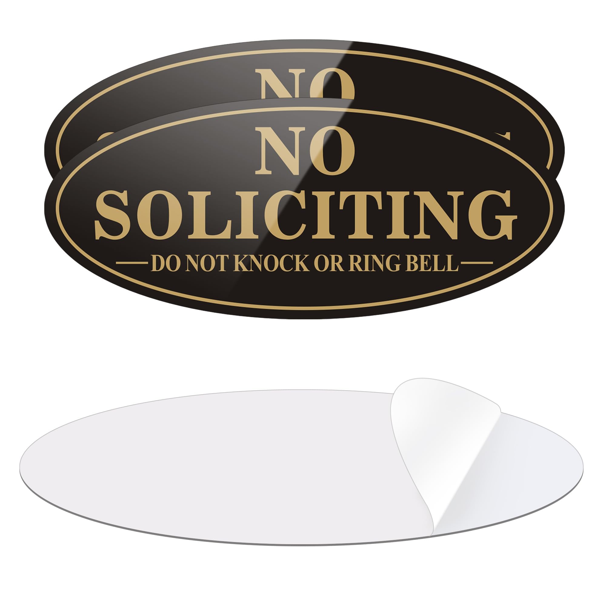 (2 Pack) No Soliciting Sign for House, Self Adhesive No Soliciting Sign for Front Door, No Solicitation Metal Sticker Signs for Home and Yard (Black/Golden, 7 x 3 inches, Don't Make It Weired)